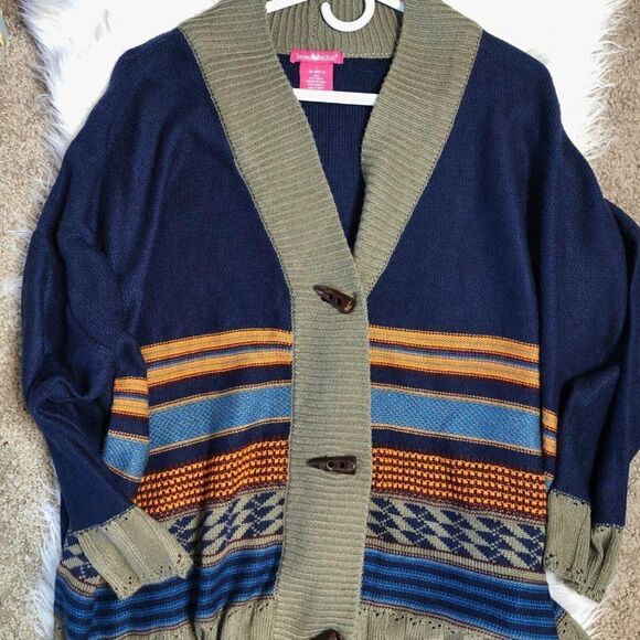 Blue Orange Striped Knit Cardigan Sweater Boho Hippie Button Up - Picture 1 of 6